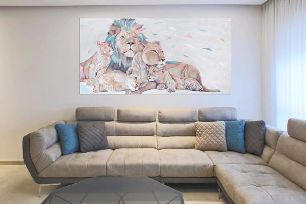 ציור לסלון משפחת אריות 3 גורים