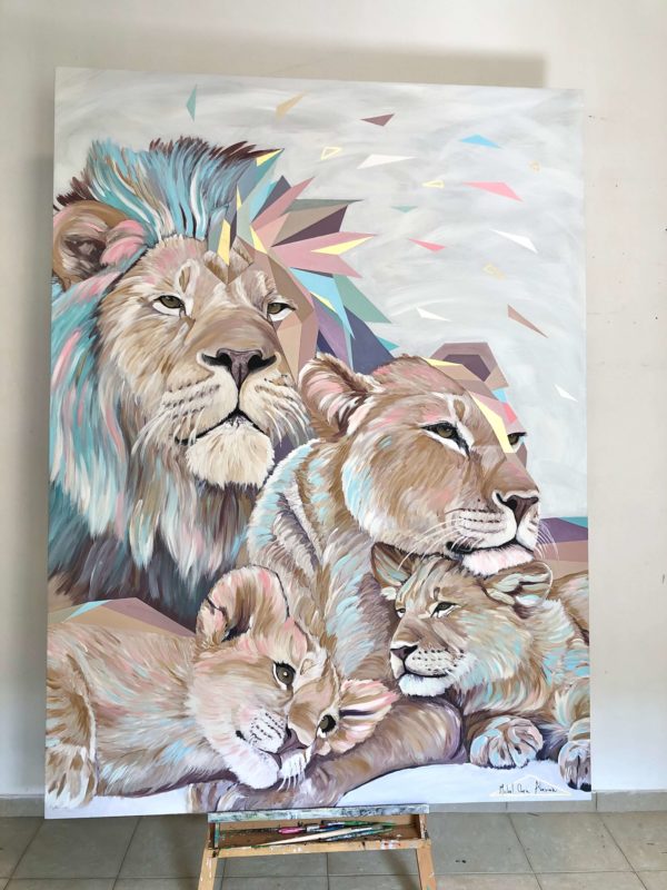 ציור לפינת אוכל משפחת אריות 3 ילדים אורכי