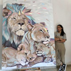 ציור לסלון של משפחת אריות 2 ילדים אורכי